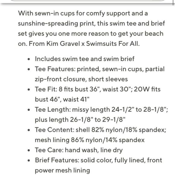Kim Gravel Swimsuits For All Zip-Front Swim Tee w/Brief Swimsuit Sz 16 - Picture 3 of 5